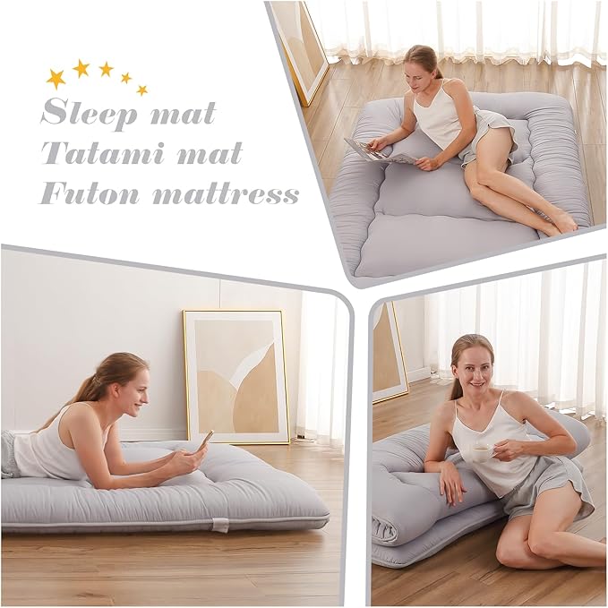 Japanese Floor Mattress, Futon Mattress with Portable Storage Bag and Washable Cover, Roll Up Thick Tatami Mat Suitable for Camping, Guest Room, Grey, Twin