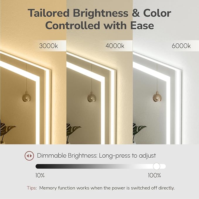 USHOWER LED Bathroom Mirror 72x36 Inch Over Sink - Frameless Tempered Glass LED Backlit Lighted Mirror for Bathroom Vanity with Anti-Fog, 3 Colors Dimmable, Memory Function, Wall-Mounted