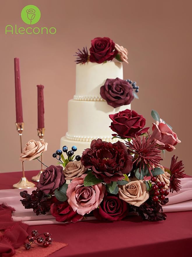 Alecono Artificial Flowers, Burgundy Silk Fake Flowers for DIY Wedding Bridal Bouquets, Red Cake Flowers for Wedding Table Centerpieces Birthday Party Home Decorations