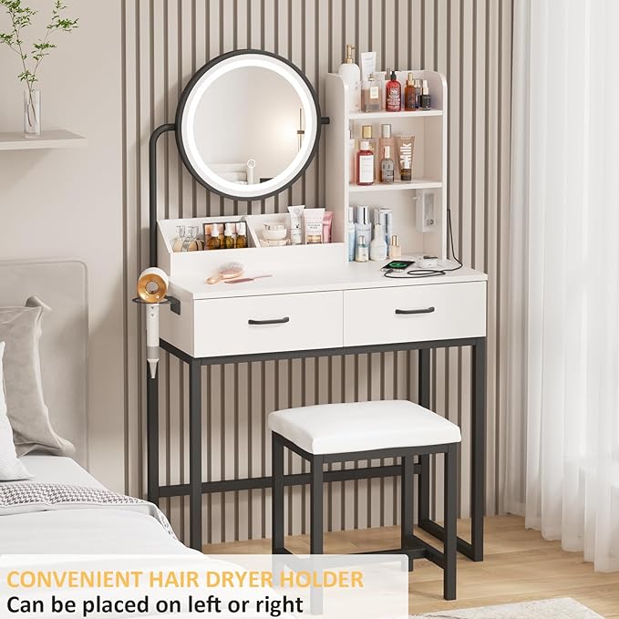 Vabches Makeup Vanity with Round Mirror and Lights, White Vanity Makeup Table with Charging Station, Small Vanity Table for Bedroom, 3 Lighting Modes, 31.5in(L)