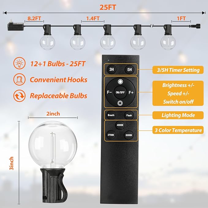 25FT LED Outdoor String Lights with 3 Color Lights, Dimmable String Lights for Outside with Remote, G40 Globe Waterproof Patio Lights with 12+1 Shatterproof Bulbs for Party Backyard BBQ House Camping