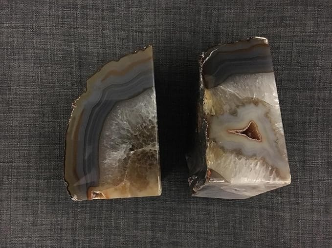 AMOYSTONE Agate Book Ends Shelves Decorative Geode Bookend Large Crystal Bookends Quartz Decor Nature Brown with Rubber Bumpers(1 Pair, 4-6 LBS)