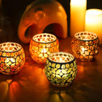 SHMILMH Mosaic Candle Holders Set of 4, Handmade Glass Tealight Votive Holders, Fall Thanksgiving Diwali Decor, Autumn Wedding Party Table Centerpiece, Brown Orange Green