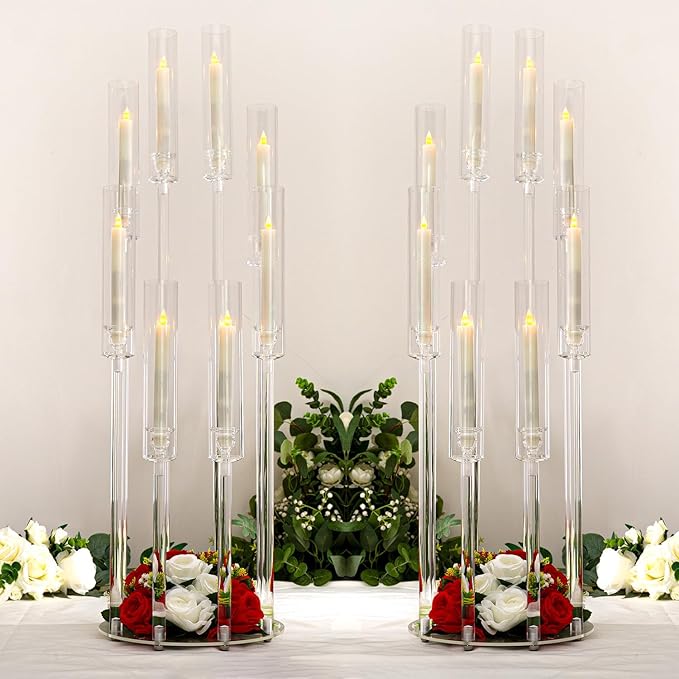 2PCS Acrylic Candelabra Centerpieces,Tall Clear Floor Candelabra for Wedding 8 Arm Candle Holder with Acrylic Shade Circular Base for Party Table Decoration Fit 0.87 LED Candle