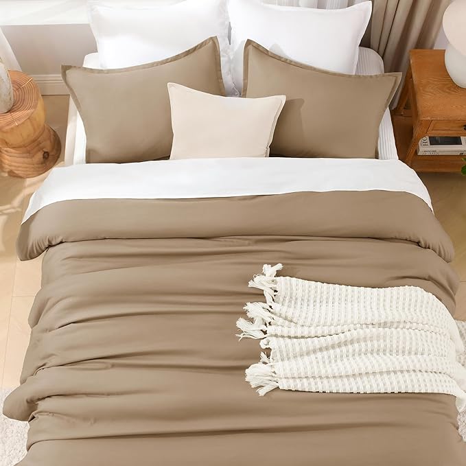 Litanika Taupe Comforter Set Full Size, 3 Pieces Solid Bedding Comforter Set, All Season Fluffy Bed Set (79x90In Comforter & 2 Pillowcases)
