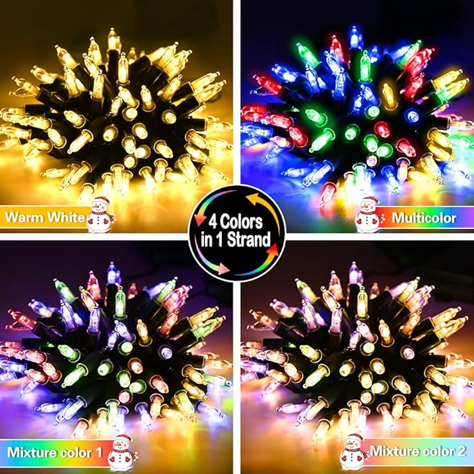 Battery Christmas Lights 4 Pack, 17ft 50 LED Dual Color Changing Mini String Light with 3 Auto-Timer Options and 12 Lighting Modes Waterproof Tree Lights (Warm White & Multicolor, 50 LEDs x 4 Pack)