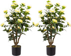 Artificial Camellia Tree, 3FT Yellow Fake Tree Blooming Camellia Flower Plant for Spring Home Front Door Outdoor Indoor Decoration