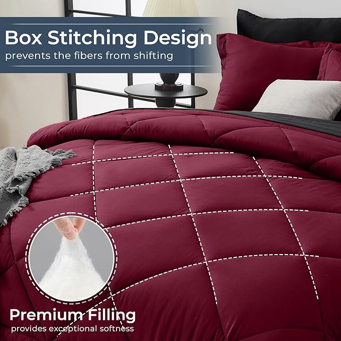 HEVUMYI Red & Black Twin Comforter Set - 5-Piece All Season Bed in a Bag Twin, Ultra Soft Burgundy Bedding Set with Comforter, Flat Sheet, Fitted Sheet, Pillowcases, Pillow Shams, Burgundy Red & Black
