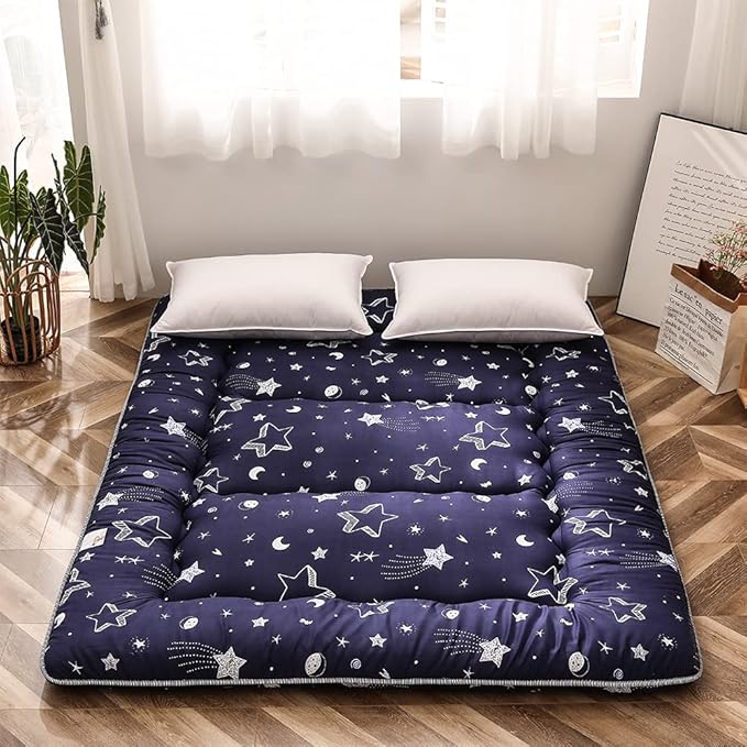 MAXYOYO Navy Star Futon Mattress Japanese Floor Mattress Tatami Floor Mat Foldable Bed Portable Camping Mattress Kids Sleeping Pad Floor Lounger Couch Bed Queen Size