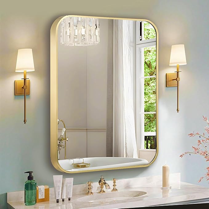 30"x36" Matte Gold Mirror for Wall, Brushed Metal Framed Rounded Corner Rectangular Mirror for Bathroom Vanity,Entryway,Living Room,Bedroom,Vertical or Horizontal