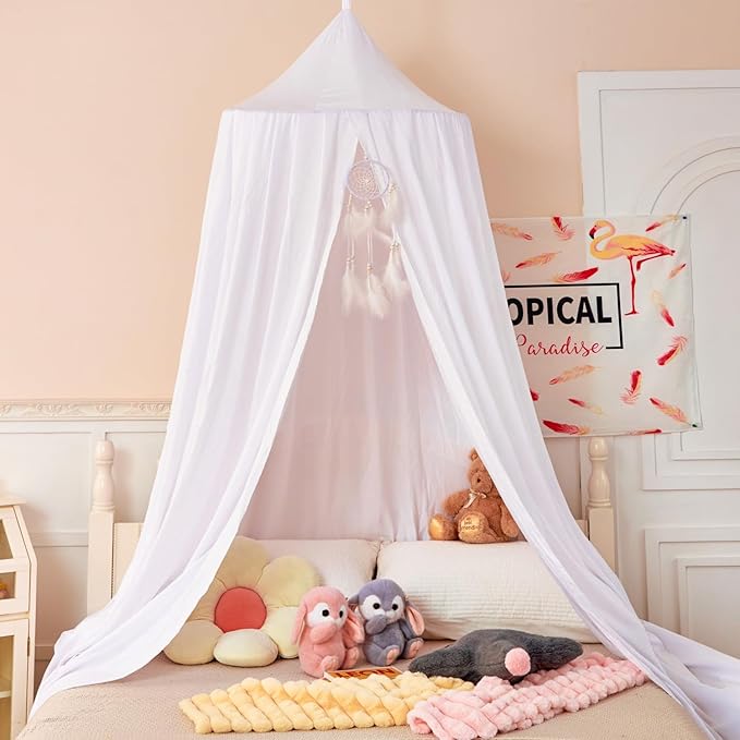 dix-rainbow Princess Bed Canopy for Kids Baby Bed, Round Dome Kids Reading Nook Indoor Outdoor House Tent Hanging Decoration Cotton Canvas White