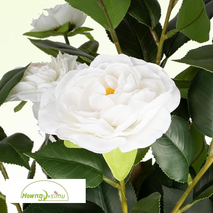 36” Artificial Camellia Tree 2 Packs, Faux Camellia Plant in Pebbles Pot with White Flowers, Greenery Camellia Tree for Spring Home Front Door Outdoor Indoor Decoration, White