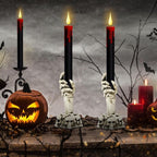 GenSwin Halloween Black Taper Flameless Candles with Ghost Hand Candlesticks and Remote Timer, 2 Pcs Battery Operated Taper Candles with Holder and 3D Flame for Halloween Decor