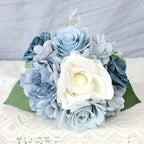 Artificial Bridesmaids Bouquets Set of 4 - 7 inch Silk Rose Bouquets for Bridesmaids, Pre-made Bridesmaid Flowers Small Bouquet for Wedding Vintage Country Bridal Shower Decorations -Dusty Blue