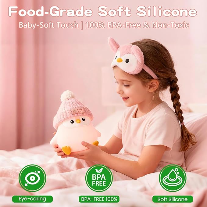 Penguin Silicone Night Light, Cute Pink Penguin Lamp with Knitted Hat, Soft Nursery Nightlight, USB Rechargeable/Dimmable,LED Squishy Novelty Animal Bedside Lamp,Funny Gifts for Kids/Girls