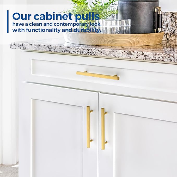 JOY DECOR 10 Pack 6-1/4 Inch Brushed Brass Square Cabinet Handles Stainless Steel Cabinet Hardware Pulls for Kitchen and Drawers with 8-13/16 Inch Overall Length