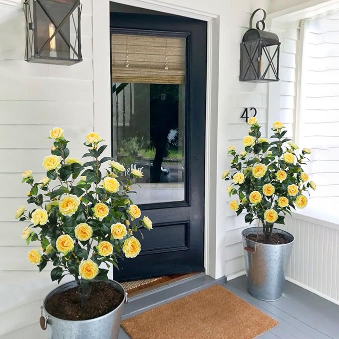 3.6FT Artificial Camellia Fake Tree, Artificial Plants & Flowers with 32 Yellow Flowers for Door Front Decoration Porch Patio Living Room Office Indoor Outdoor Decor (2PCS Contains Dried Moss)