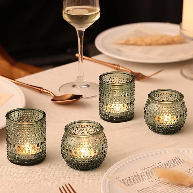 40 Pcs Assorted Green Votive Candle Holders Bulk- Glass Tealight Candle Holder for Wedding Table Decor, Green Candle Holders for Christmas, Vintage Party Table Decor
