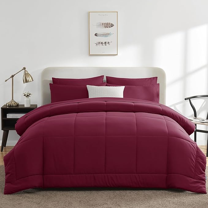 CozyLux King Size Comforter Set Burgundy, 7 Pieces Bed in a Bag, Red Comforter King Size, All Season Bedding Sets with Stitch Quilted Comforter, Flat Sheet, Fitted Sheet, Pillowcases