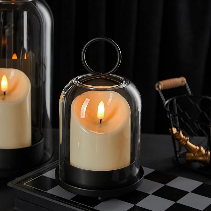 5"&4" Metal Candle Holder with Handmade Glass Dome in Brass & 2 Timer Candles, Set of 2 Versatile Hurricane Glass Candle Holders for Pillar Candles & Plants