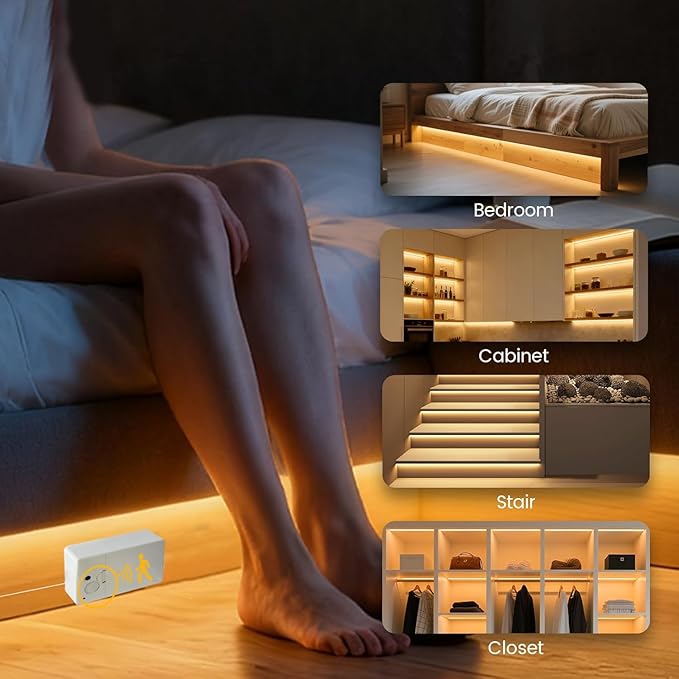 Battery Powered LED Strip Lights, COB Motion Sensor LED Strip Lights 20 inch x 3 Pack for Kitchen Under Cabinet Lighting, Shelves, Under Counter, Closet, Cordless Click Light, Warm White 3000K