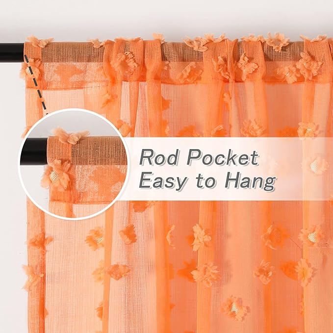 MYSKY HOME Orange Sheer Short Curtains with Pom Pom for Small Windows Bedroom Nursery Kids Girls Room Curtains Cafe Kitchen Light Filtering Boho Drapes, Rod Pocket,38 x 45 Inches, 2 Panels