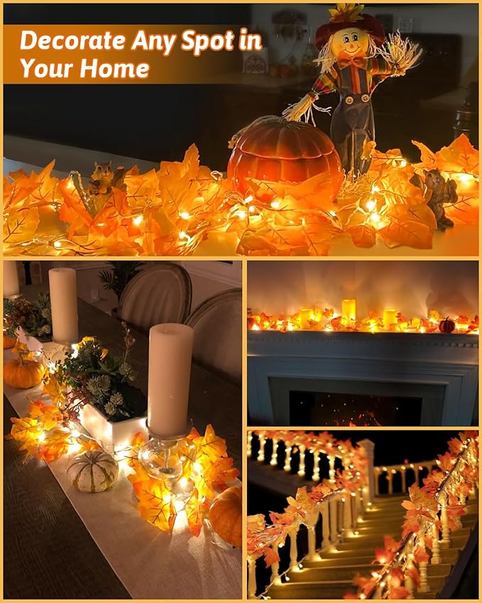 2Pack [8 Lighting Modes & Timer] Fall Decor Maple Leaf Garland with Lights 80LED Battery Operated Waterproof, Fall Decorations for Home Outdoor Indoor Thanksgiving Decor Halloween Friendsgiving Autumn