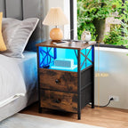 AMHANCIBLE Night Stand Set 2, LED Nightstand with Charging Station, End Tables Living Room with Fabric Drawers, Bedside Table for Bedroom, Rustic Brown, HET052LBR