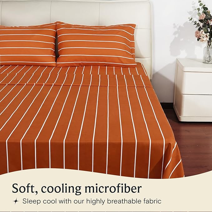 LuxClub 3 PC Sheet Set Bed Sheets Deep Pockets 16" Wrinkle Free Cooling Machine Washable Hotel Bedding Silky Soft - Striped-Autumn Orange Twin