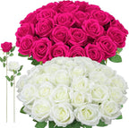 72 Pcs Hot Pink, White Artificial Roses, Bulk Fake Silk Flowers for Wedding Arch, Centerpieces, Vase Filler, Party Decor (36 Pink + 36 White)