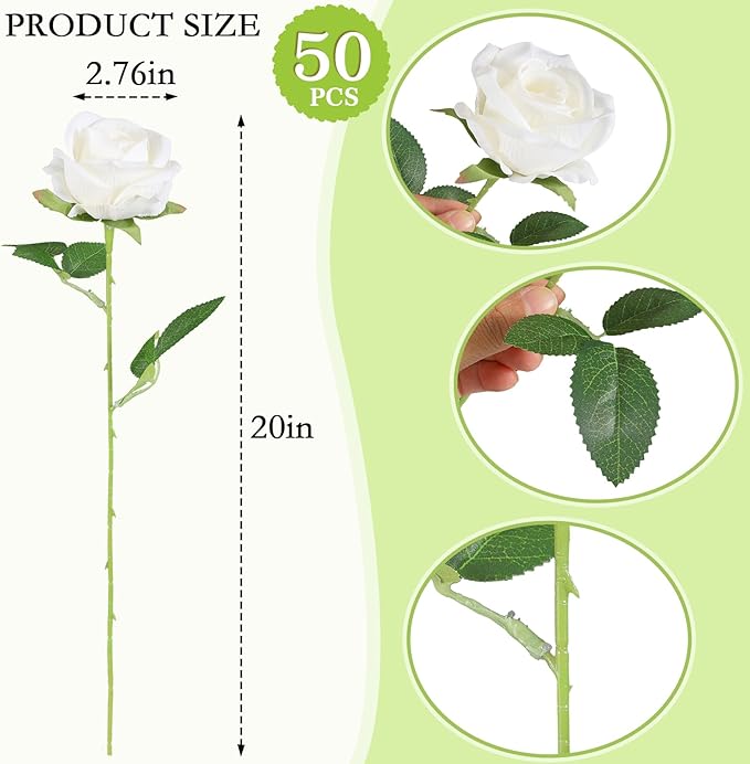 Hananona Artificial Roses in Bulk, Fake Velvet Silk Roses Realistic Rose for Wedding Centerpieces Flower Arrangement Home Decor (50, White)