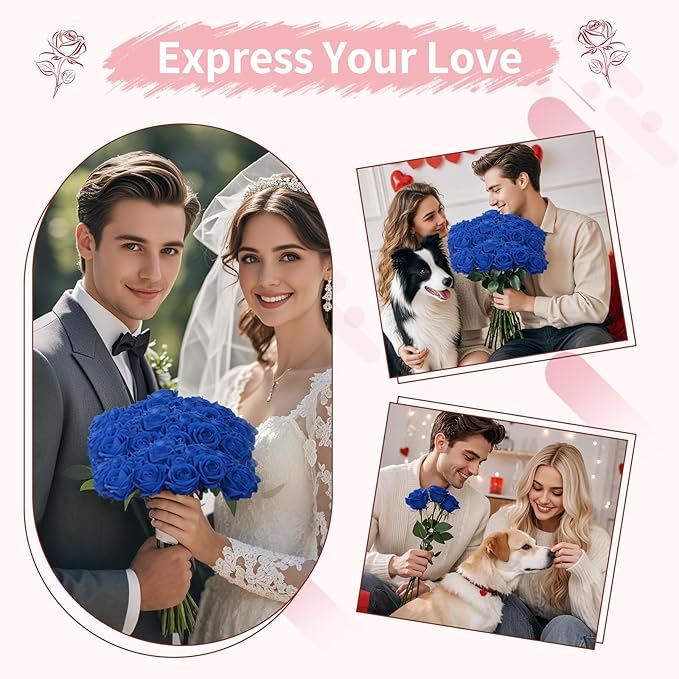 52 PCS Blue Artificial Roses Bulk, Fake Artificial Flowers Bridal Bouquet Silk Faux Rose with Stems for Wedding Flowers Decoration, Valentine's Day, Bridal Bouquet, Anniversary, Home Decor (52PCS)