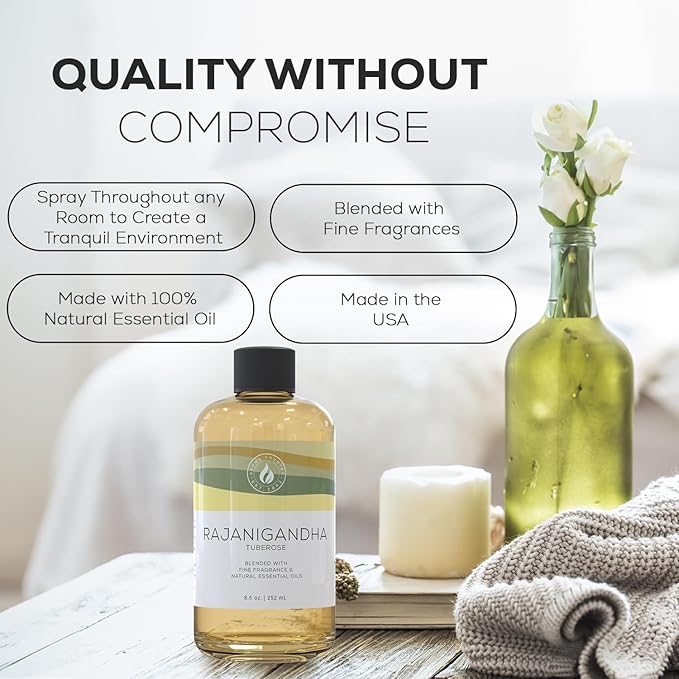 Aroma Country Rajanigandha (Tuberose) Luxury Diffuser Oil Refill & Fragrant Room Spray for Reed Diffusers, Electric Machines, and Oil Warmers (8.5 Fl. oz)