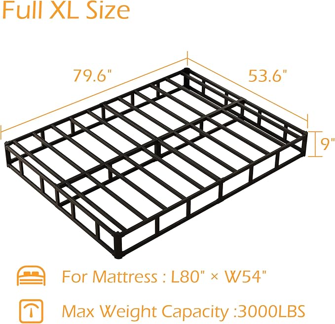 9 Inch Full XL Box Spring, Heavy Duty Metal Box Spring Bed Base with Fabric Cover, Mattress Foundation, Easy Assembly, Noise Free, Black
