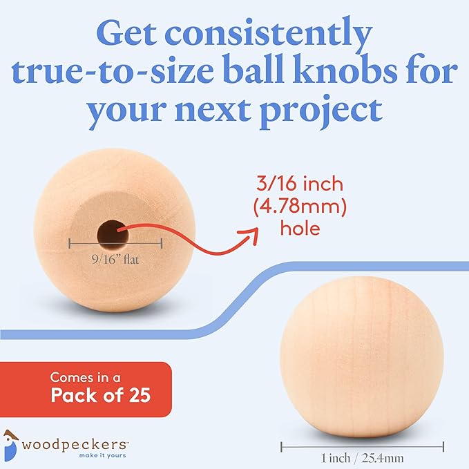 Wood Knobs, 1 Inch Round Natural Wood Drawer Pulls, Pack of 25 Unfinished Wooden Drawer Knobs, Ball Shaped Wood Cabinet Knobs, Nursery Dresser Knobs, Wood Door Knobs and Crafts