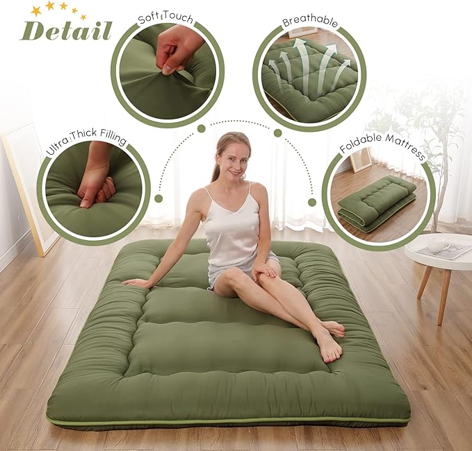 Japanese Floor Mattress, Futon Mattress with Portable Storage Bag and Washable Cover, Roll Up Thick Tatami Mat Suitable for Camping, Guest Room, Green, Queen