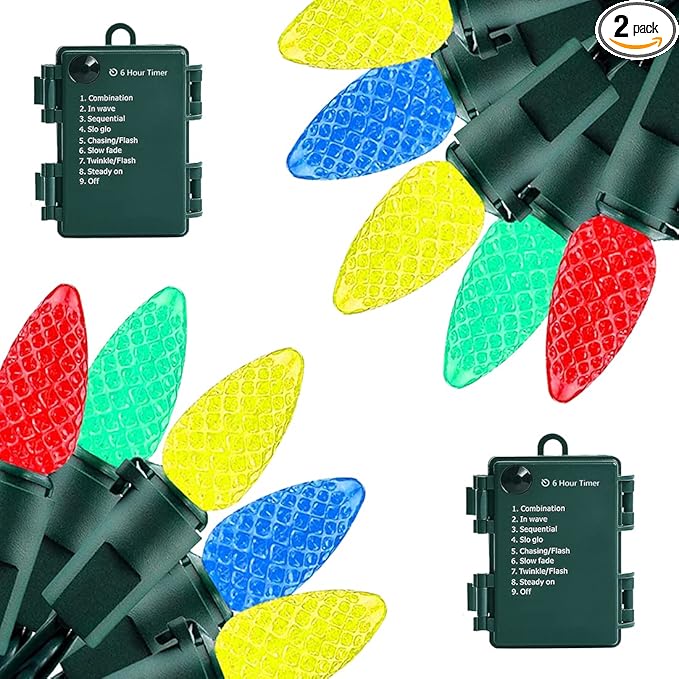 Battery Operated String Lights - 18ft 50 LED C3 String Lights Christmas Lights Battery Powered String Lights for Indoor Outdoor Christmas Tree Wreath Party Decoration, Waterproof, Multicolor 2Pack