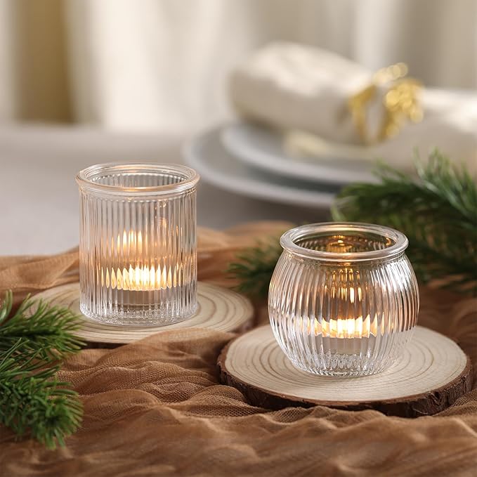 24pcs Assorted Ribbed Votive Candle Holders, Clear Tea Lights Candle Holder for Wedding Decorations, Glass Candle Holder for Table Centerpiece, Party and Holiday Decorations