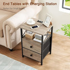 AMHANCIBLE Night Stand Set 2, Nightstand with Charging Station, End Tables Living Room with USB Ports and Outlets, Bedside Tables with Fabric Drawers for Bedroom, Greige HET05XGY