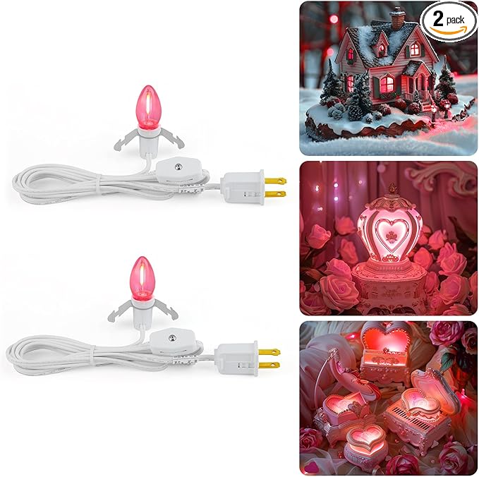 Accessory Cord with One LED Light Bulb - 6ft Cord with On/Off Switch for Valentine's Day Pumpkin, DIY Craft Projects, Paper Lantern Valentine's Day Decoration, Village House, 2 Pack, Pink