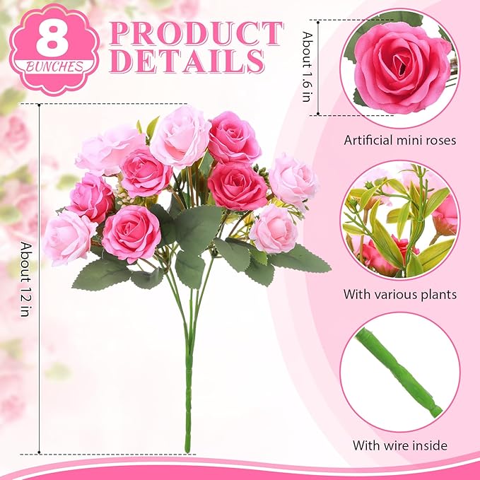 Zeyune 8 Pack 12 Inch Wedding Bouquets for Bride Bridesmaid Pink and Rose Red Artificial Rose Bouquet Fake Silk Roses Flowers Bunches Bulk for Home Office Garden Parties Decoration