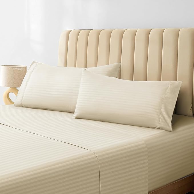 LuxClub Striped Sheets, 3 PC Striped Bed Sheets Twin Size, Deep Pockets 18" Eco Friendly Wrinkle Free-Kids-Fitted Sheets Machine Washable Hotel Bedding (Twin, Cream)