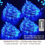 Bright Zeal 66 Ft 200 LED 8 Mode Blue Christmas Fairy Lights Battery Operated with Timer and Remote - 8 Modes Christmas String Lights Outdoor Waterproof Twinkle Xmas Lights Silver Wire String Lights