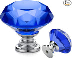 Ravinte 5 Pack Blue Crystal Knobs for Dresser Drawers - 30 mm Glass Cabinet Diamond Shaped Knobs With Silver Base