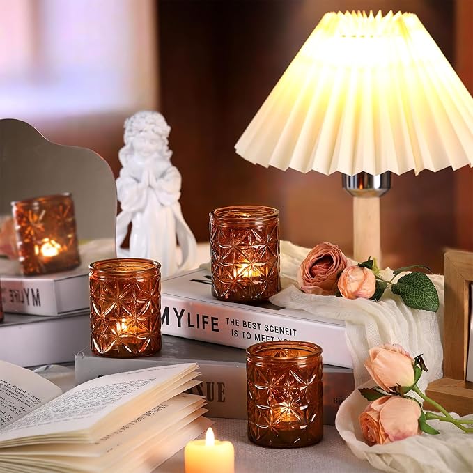 24Pcs Vintage Amber Votive Candle Holders, Amber Glass Tea Lights Candle Holder for Wedding Table Centerpiece,Vintage Boho Party Home Fall Decor,Thanksgiving and Christmas