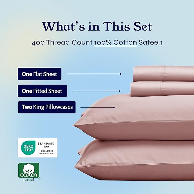 California Design Den Natural 100% Cotton Sheets King Size Deep Pocket Set - 400 Thread Count, Sateen King Sheet Set, All Around Elastic, Soft, Cool and Durable Bedding - Mauve