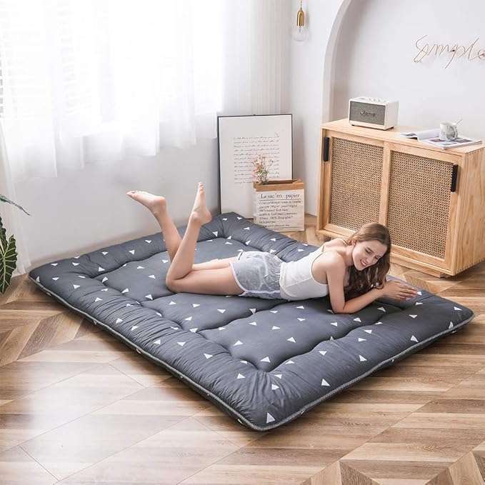 Grey Triangle Japanese Floor Futon Mattress, Tatami Mat Portable Camping Mat Kids Sleeping Pad Foldable Roll Up Floor Lounger Pillow Bed Twin Size with Mattress Protector Cover