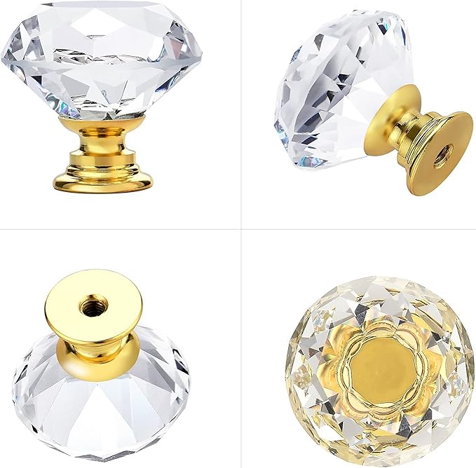 Ravinte Crystal Knobs for Dresser Drawers & Glass Cabinets - Diamond Shaped, 30 mm with Gold Base