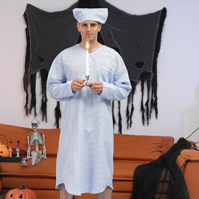 Toulite 4 Pcs Men's Pajama Set Includes Men's Nightshirt Night Sleeping Cap Candle Holder and Candle for Halloween Christmas(2x-large)