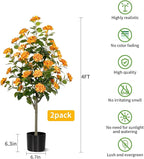 Artificial Camellia Tree 2 Pack, Artificial Plants Outdoor Faux Floral Plant in Cement Pot Fake Silk Camellia Tree Plants for Home House Living Room Office Decor